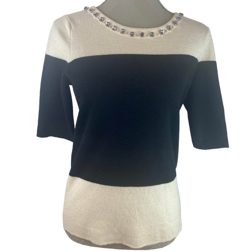 Talbots Merino Wool Short Sleeve Tee Style Sweater Color Block Jewel Trim Large